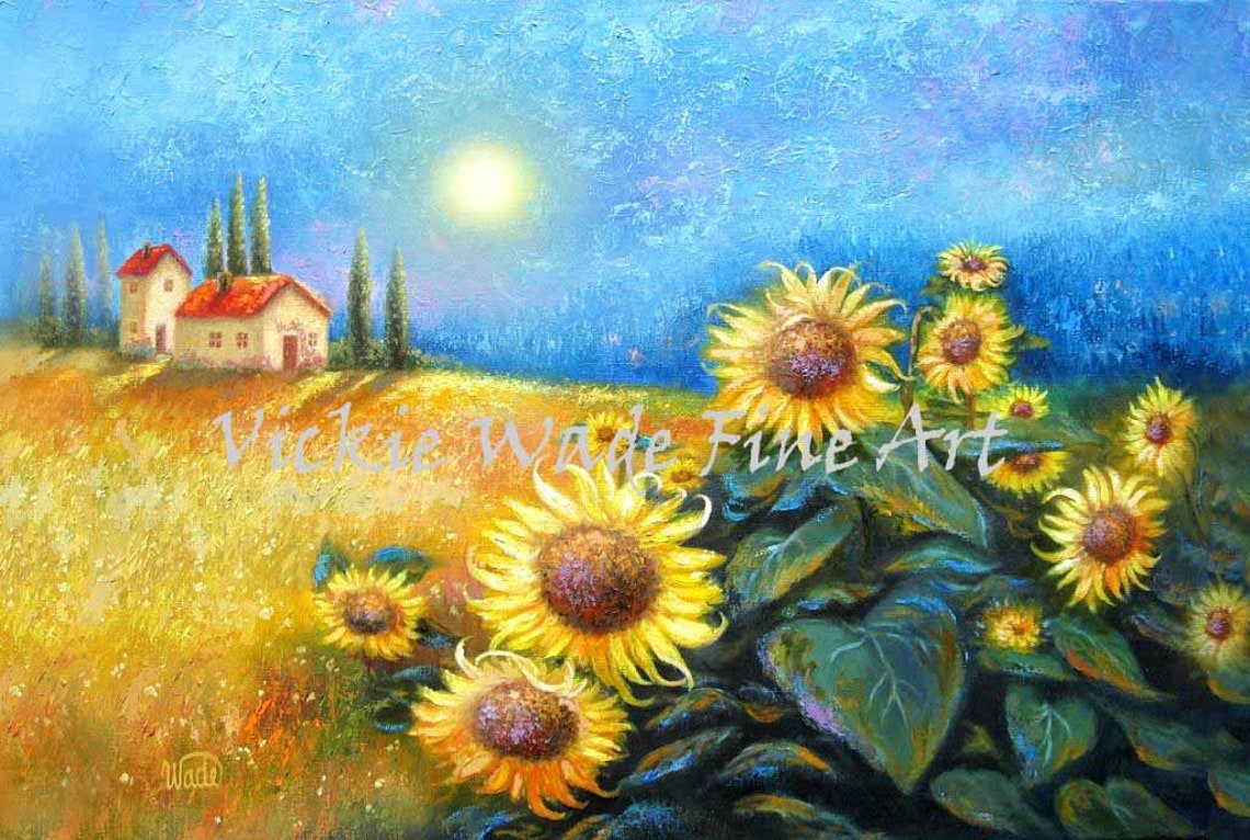 Sunflowers Art Print Sunflower Joy Wall Art Blue Yellow Country Sunflowers Italian Villa Golden Field Cottage Vickie Wade Art
