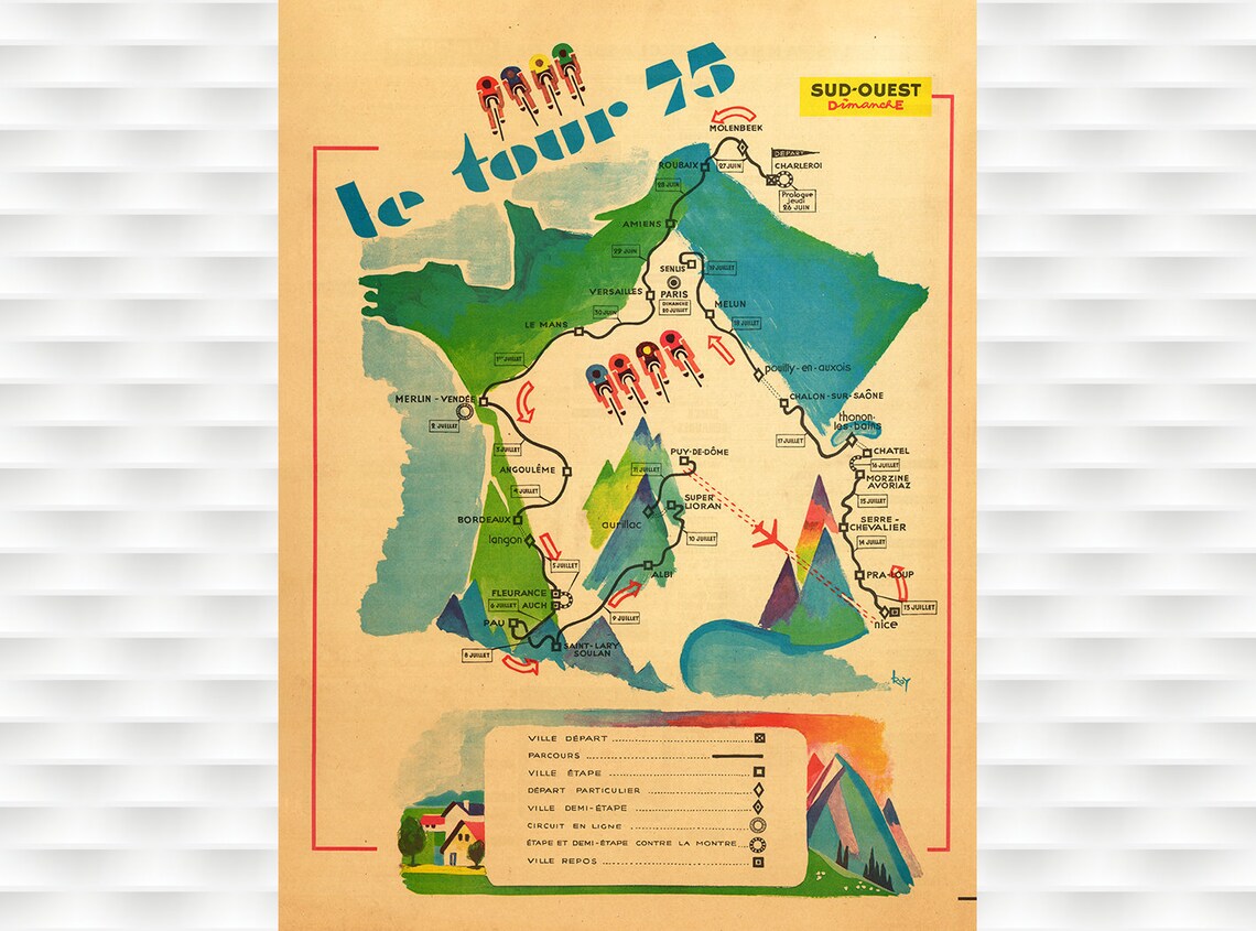 1975 Tour de France Route Map Sud Ouest Vintage Cycling Poster