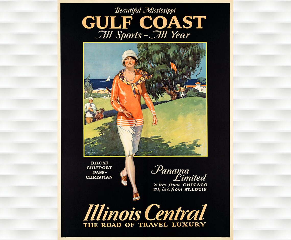 Gulf Coast All Sports Illinois Central Vintage Golf Travel Poster