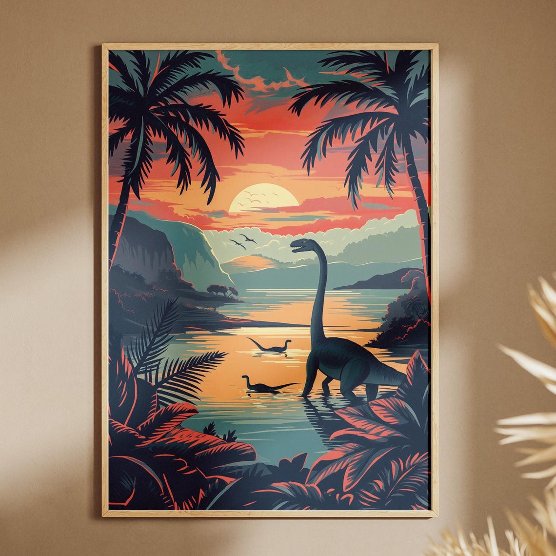Dinosaur Sunset Lagoon Retro Travel Style Palm Tree Beach Scene Poster