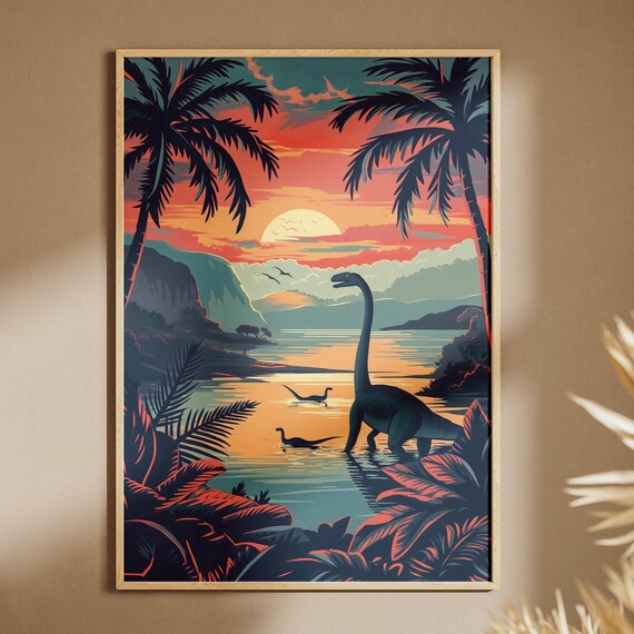 Vintage Dinosaur Sunset Poster Retro Jungle Wall Art Print