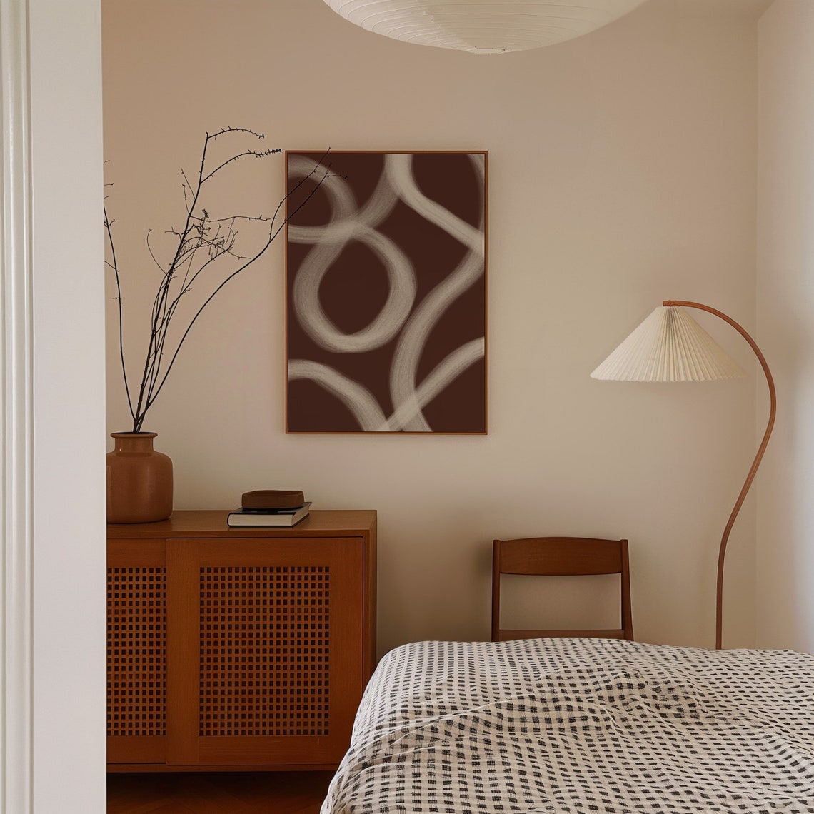 White Scribble Loops On Dark Brown Abstract Modern Art Poster - Image 3