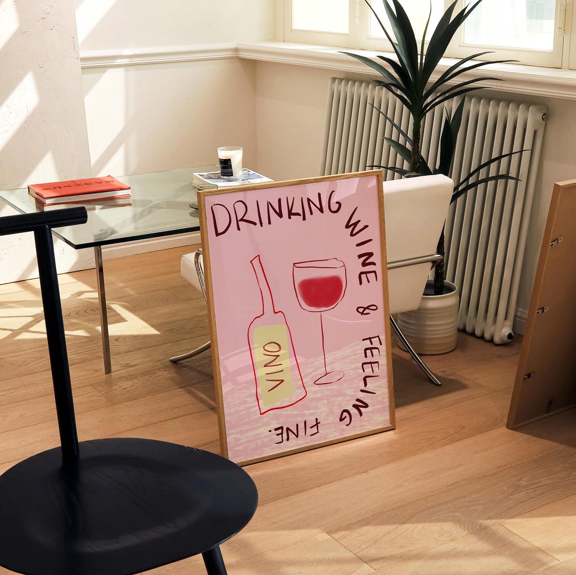 Drinking Wine And Feeling Fine Pink Vino Bottle And Glass Poster - Image 3