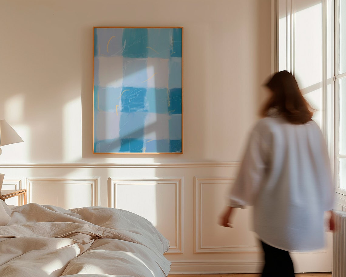 Blue Checkered Art Print Geometric Poster Gallery Wall Art Trendy Blue Print Modern Home Decor Minimal Prints Checkerboard Wall Art - Image 3