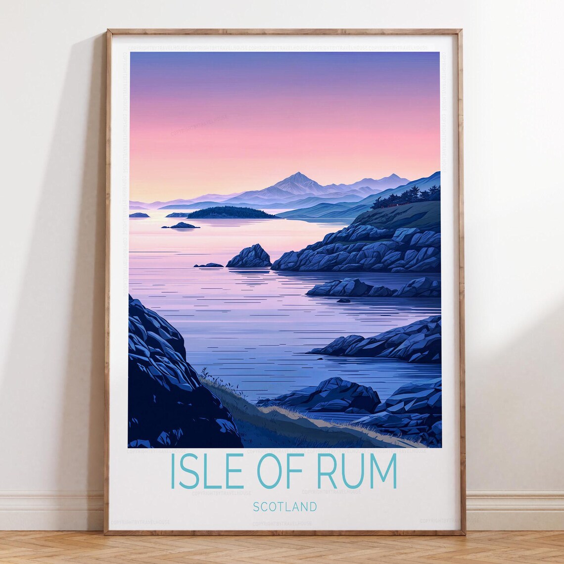 Isle Of Rum Scotland Travel Poster Pink Sunset Coastline Glow