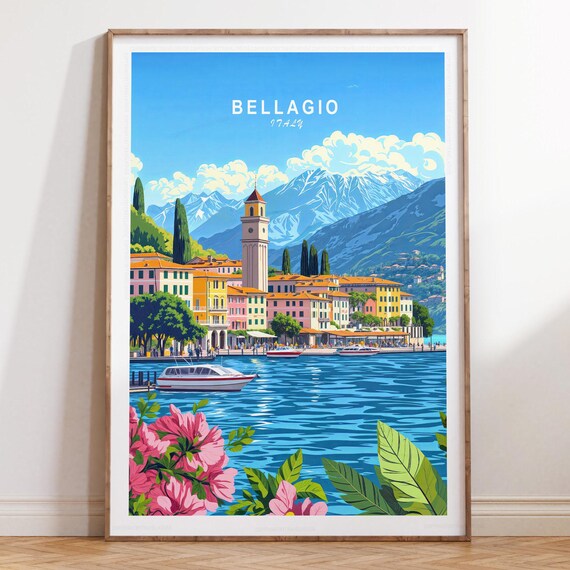Bellagio Italy Lake Como Waterfront Tower Colorful Travel Poster