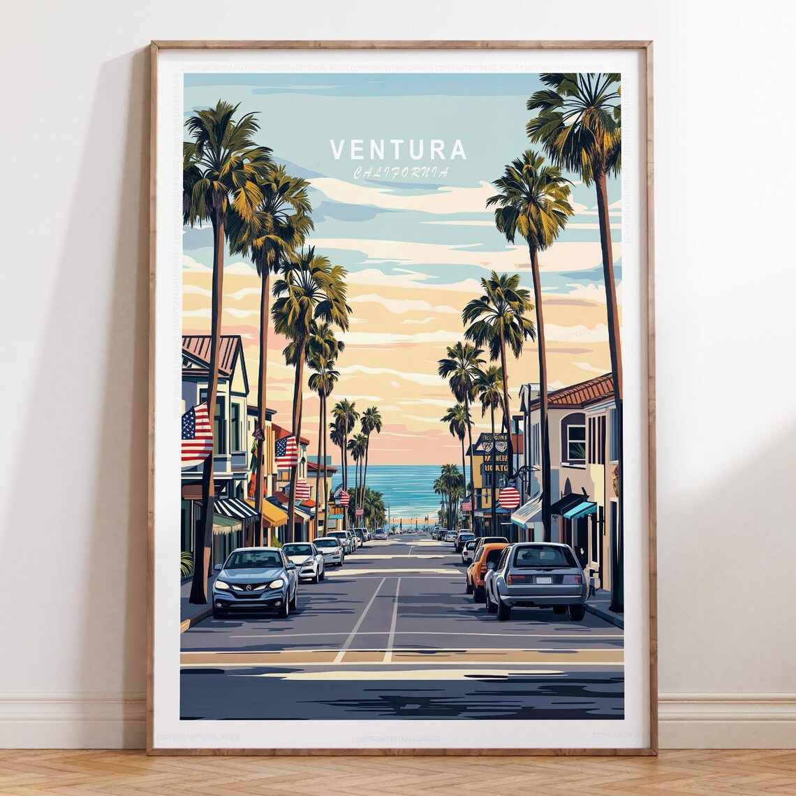 Ventura California Palm Lined Main Street At Sunset Travel Poster