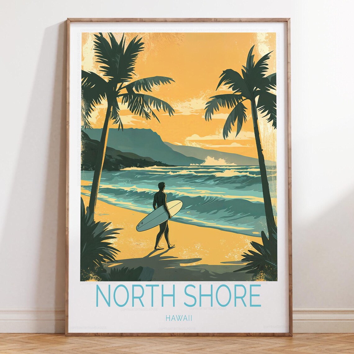North Shore Hawaii Surfer Sunset Palms Retro Beach Travel Poster