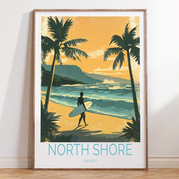North Shore Hawaii Surfer Sunset Palms Retro Beach Travel Poster