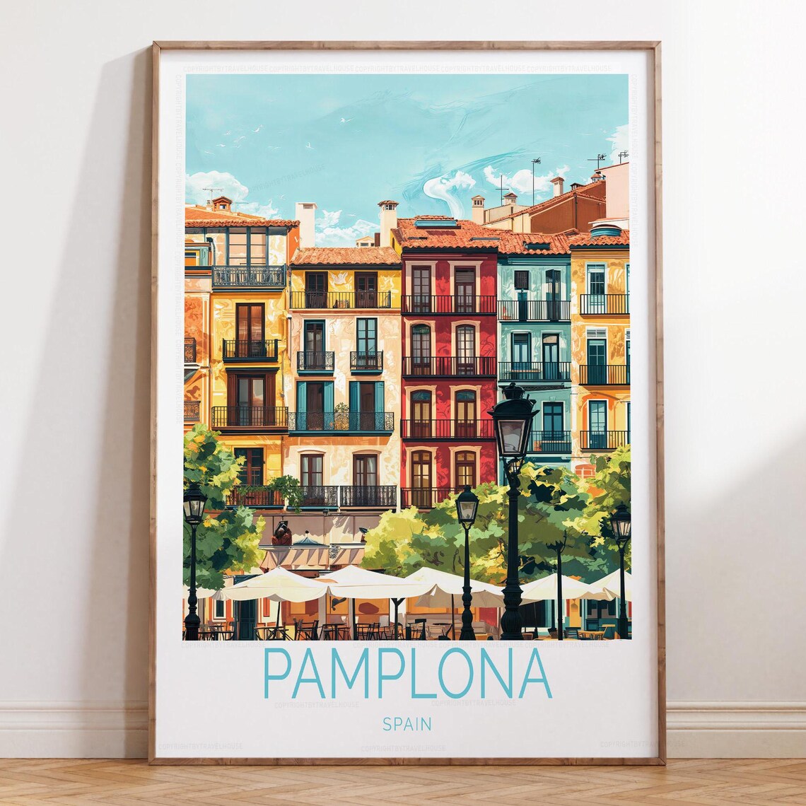 Sunny Pamplona Spain Plaza Colorful Facades Travel Illustration Poster