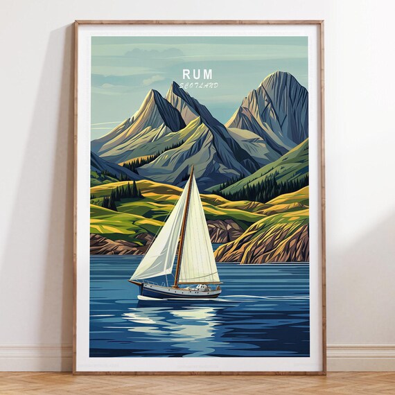 Rum Scotland Sailboat Among Mountains Travel Poster with Top Title