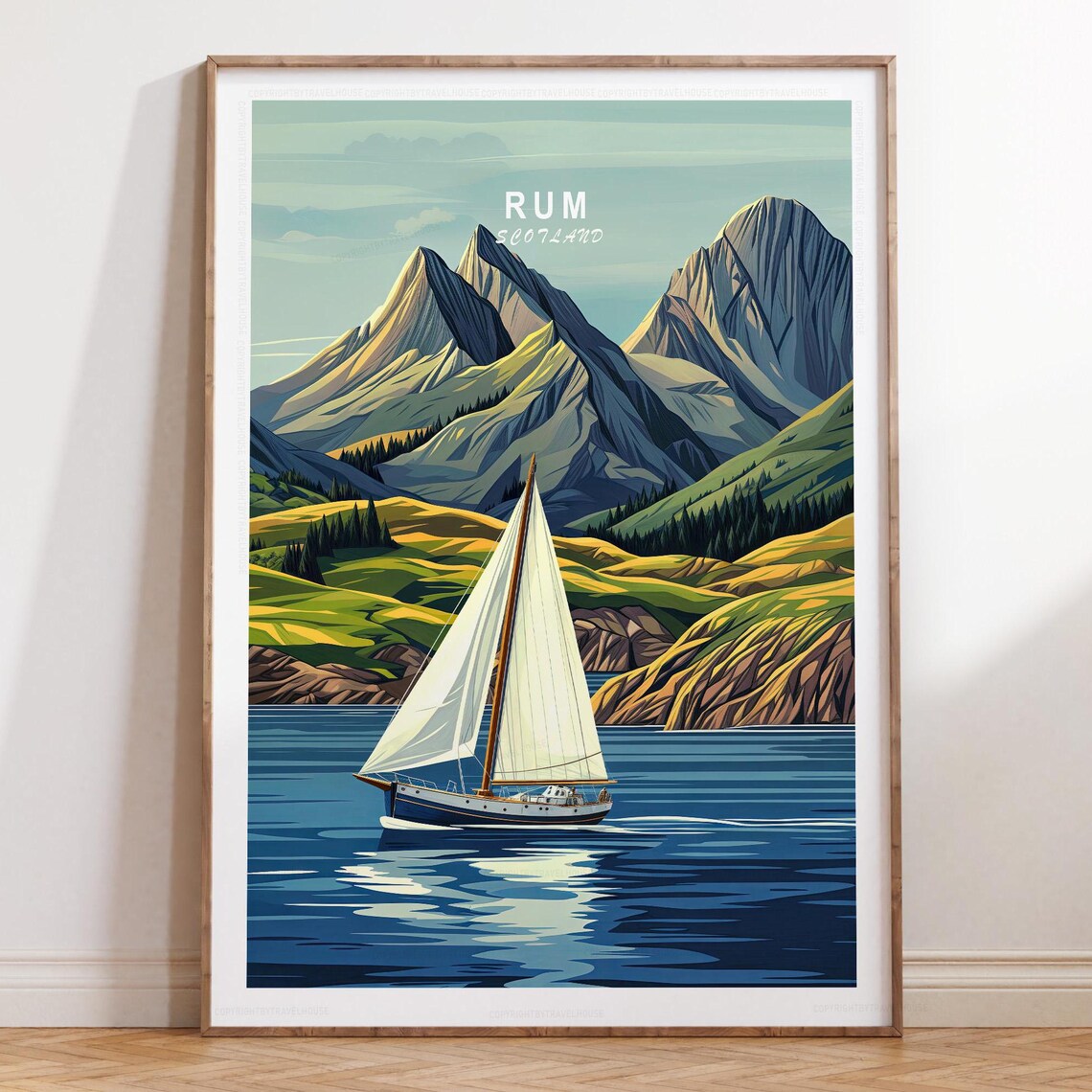Rum Scotland Sailboat Among Mountains Travel Poster with Top Title
