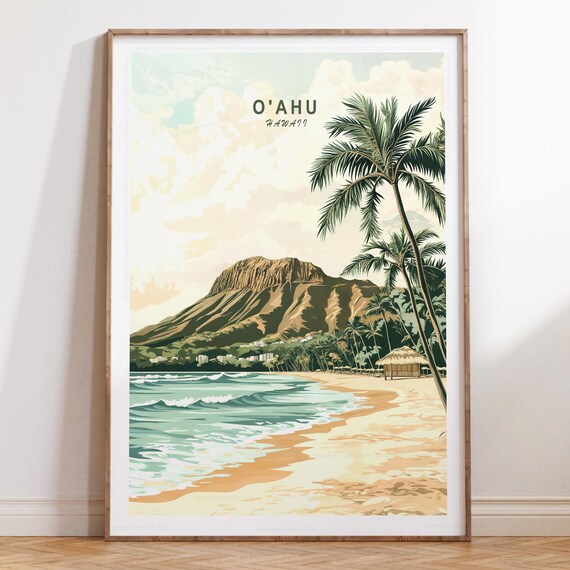 Oahu Hawaii Diamond Head Beach Palms Retro Tropical Travel Poster