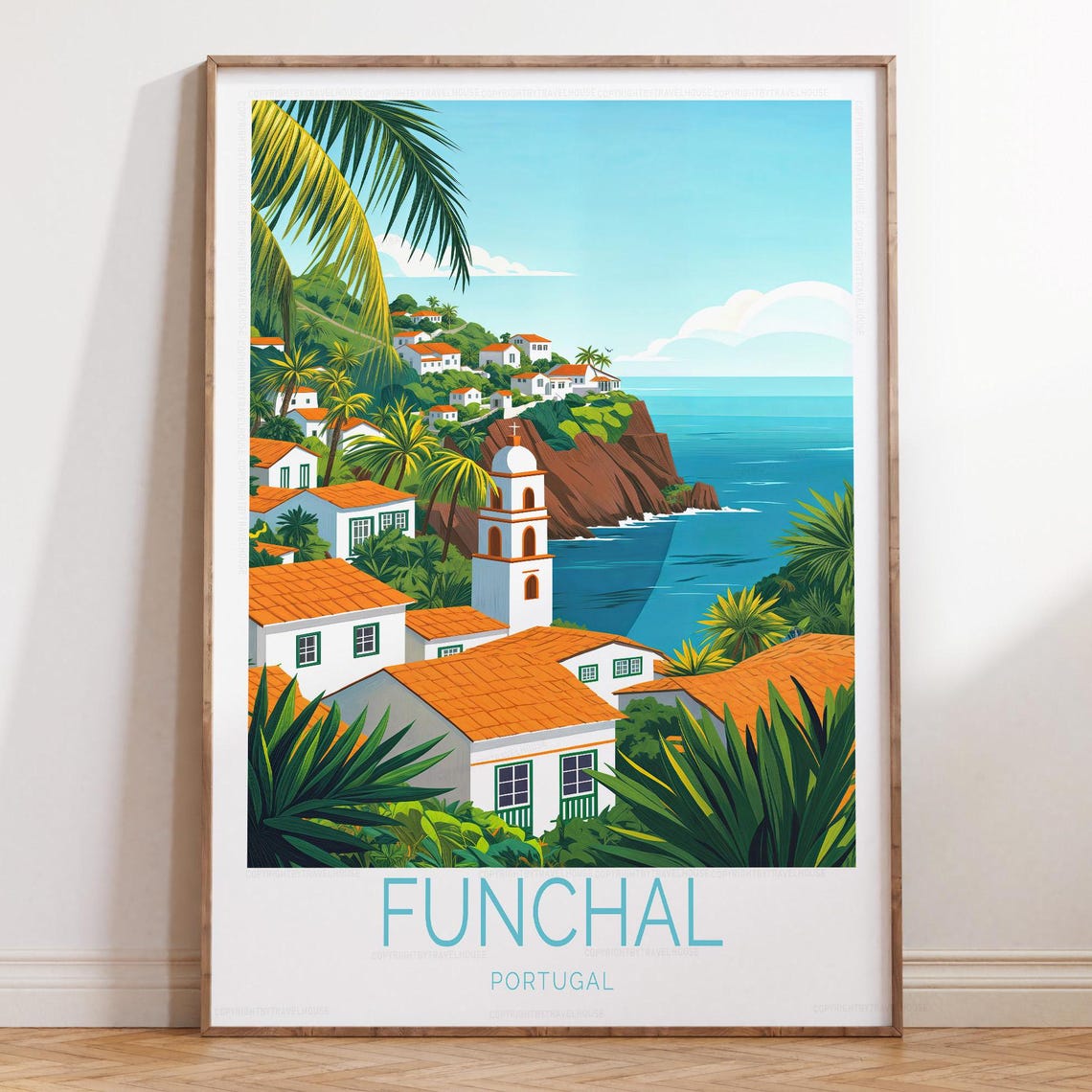 Funchal Madeira Coastal Town Palms Seaside Illustration Poster