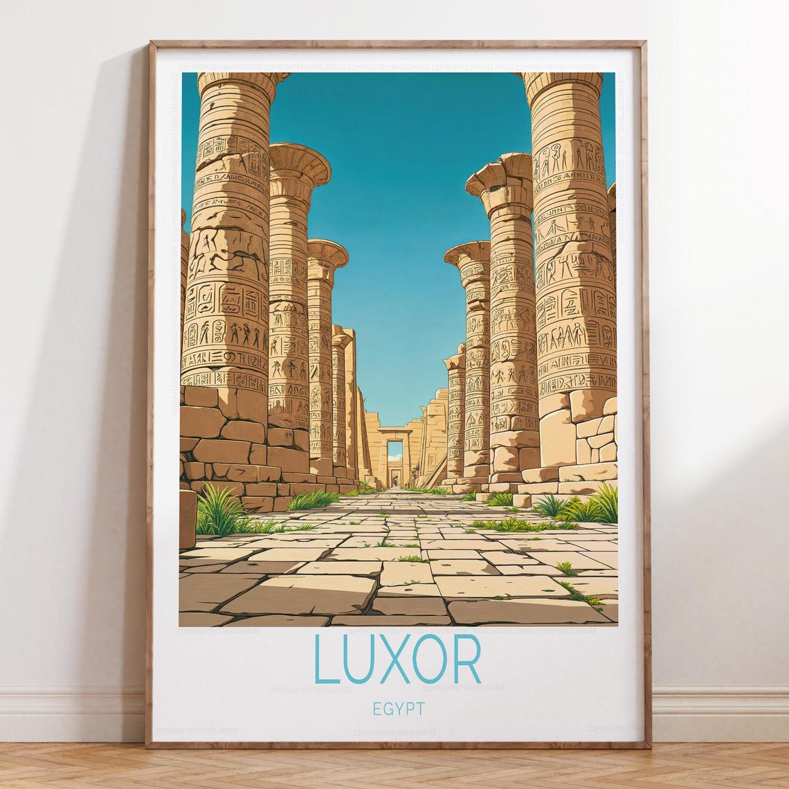Luxor Egypt Temple Columns Illustrated Ancient Ruins Travel Poster