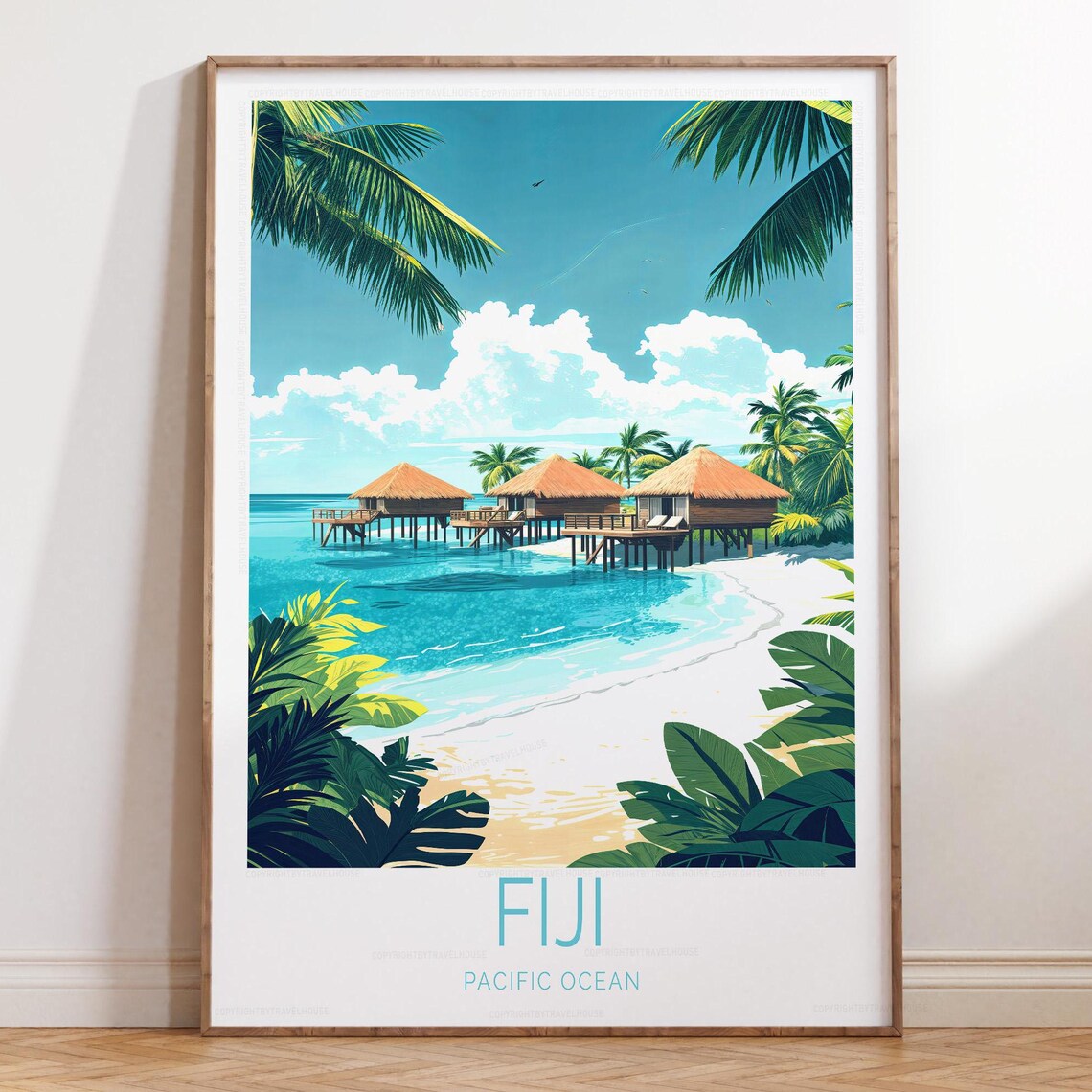 Fiji Pacific Ocean Overwater Bungalows Tropical Beach Travel Poster