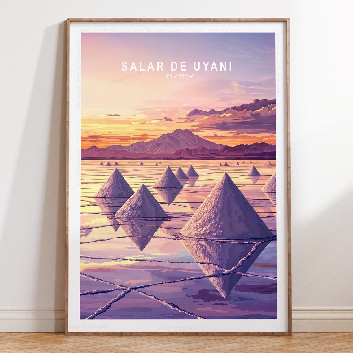 Salar De Uyuni Salt Cones Golden Sunset Bolivia Travel Poster