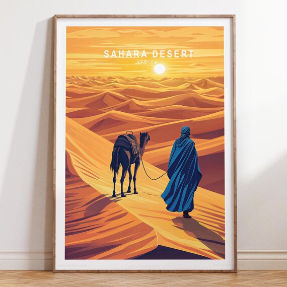Sahara Desert Africa Camel Caravan Sunset Dunes Travel Poster Top Title