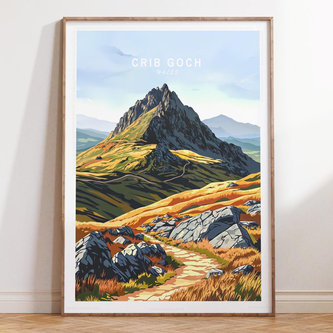 Crib Goch Wales Rocky Peak Golden Trail Summit Travel Poster