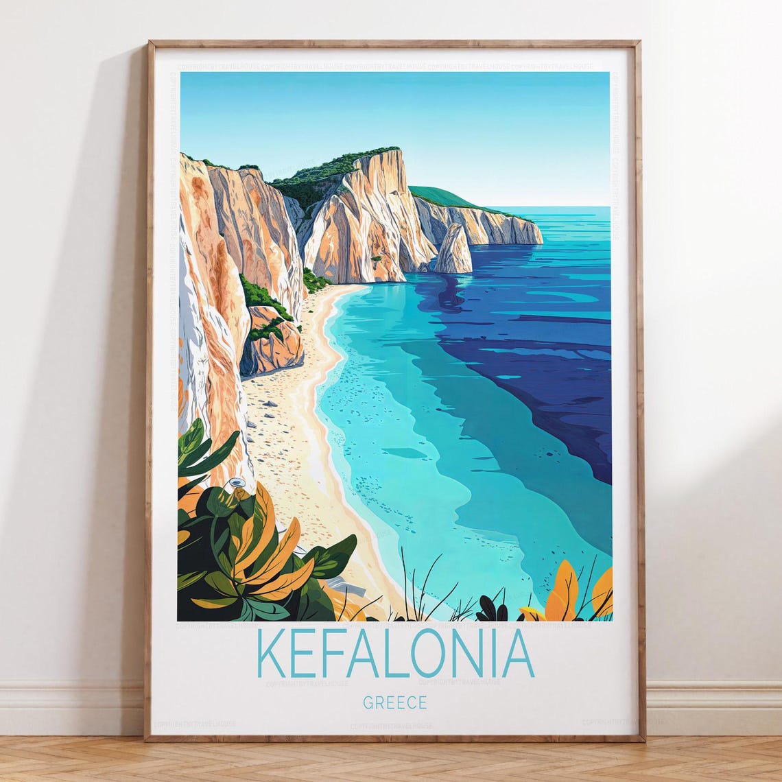 Kefalonia Greece Travel Poster White Cliffs Turquoise Beach Bliss