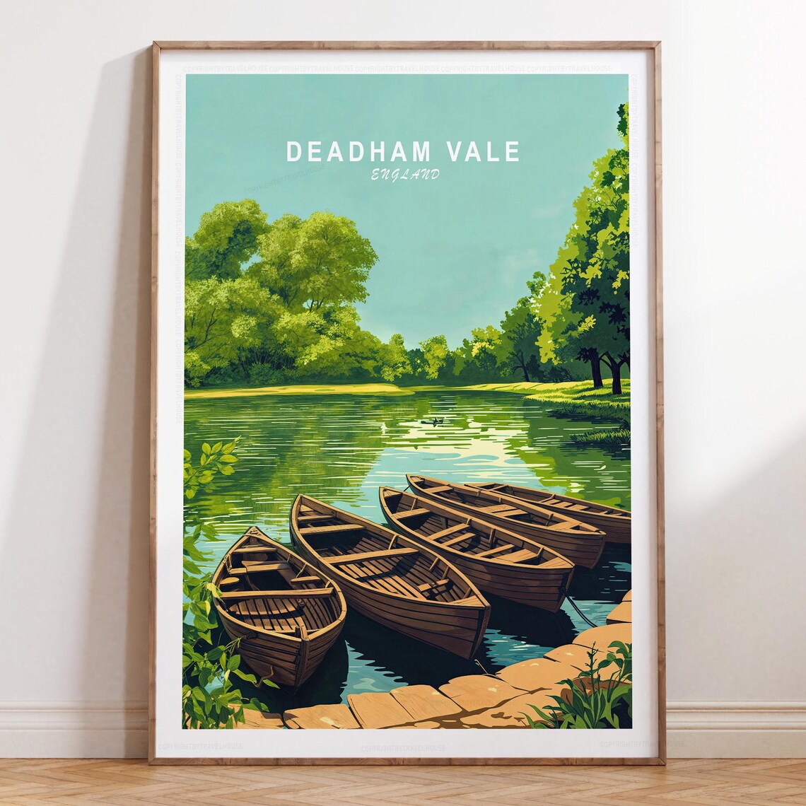 Deadham Vale England River Rowboats Green Canopy Travel Poster