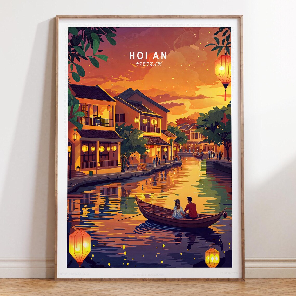 Hoi An Vietnam Lantern Lit Ancient River Dusk Boat Scene Travel Poster