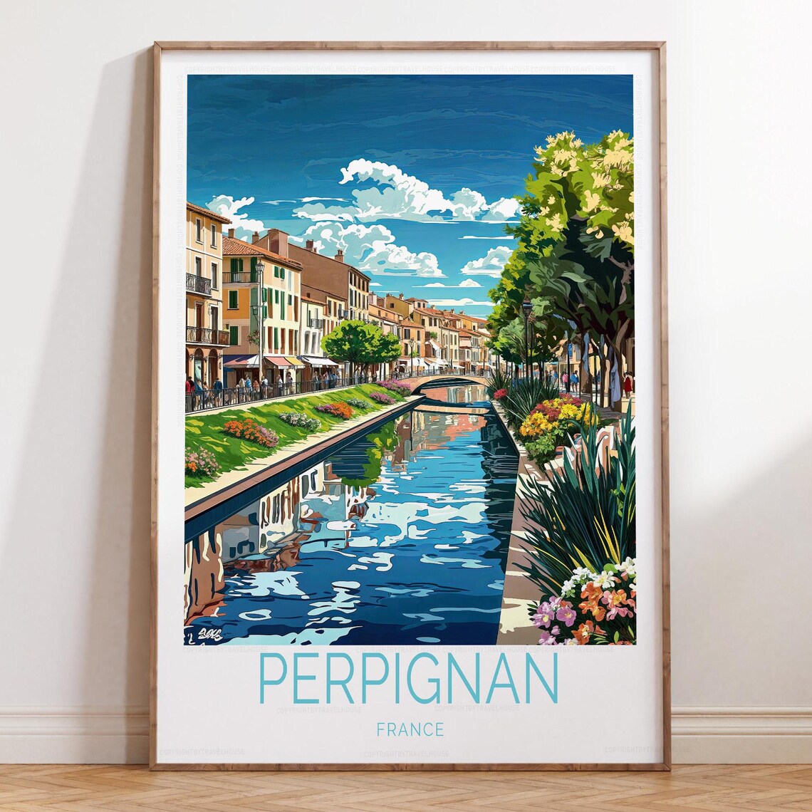 Perpignan France Retro Travel Poster Sunlit Canal Town Artwork