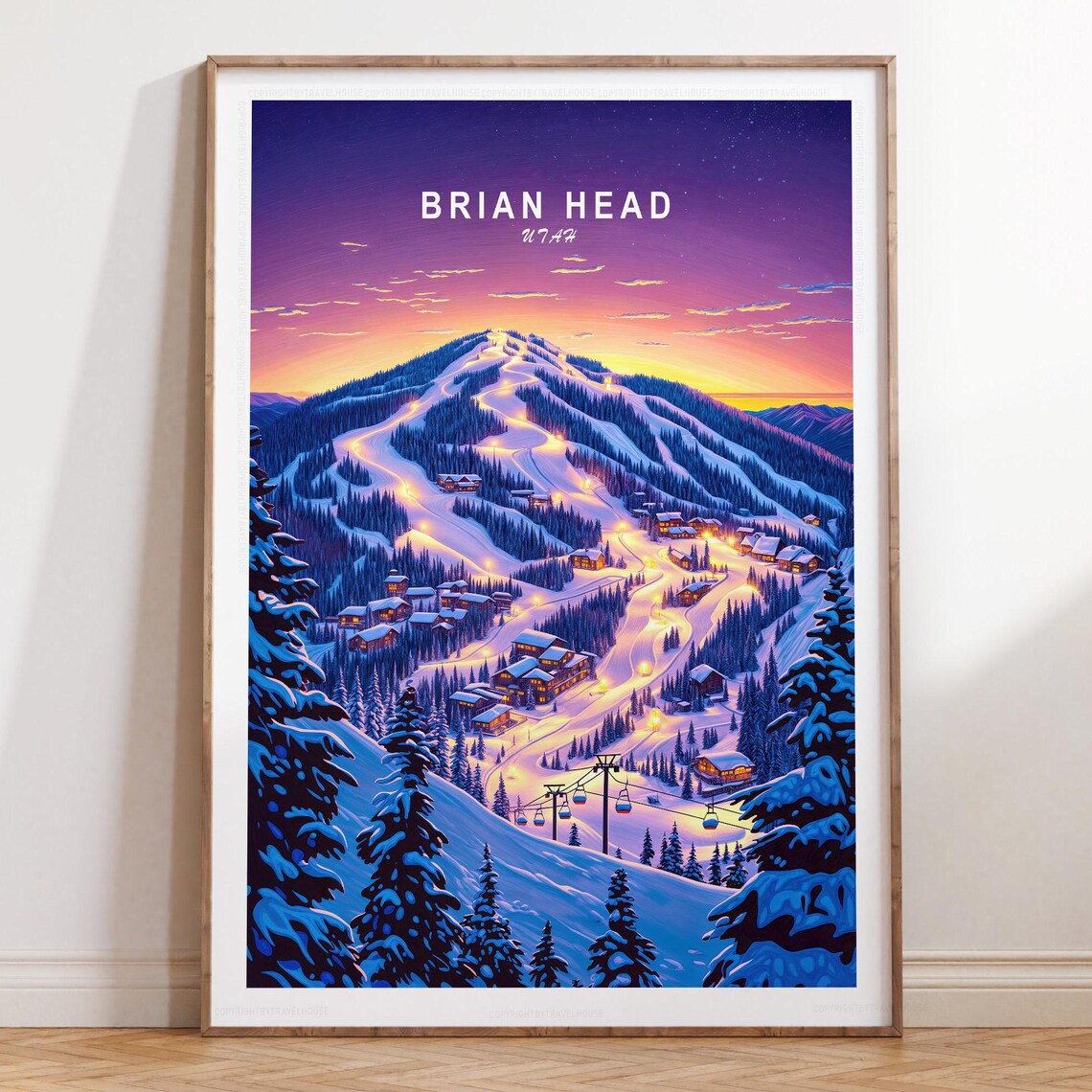 Brian Head Utah Night Ski Resort Village Lit Slopes Top Lettering Travel Poster
