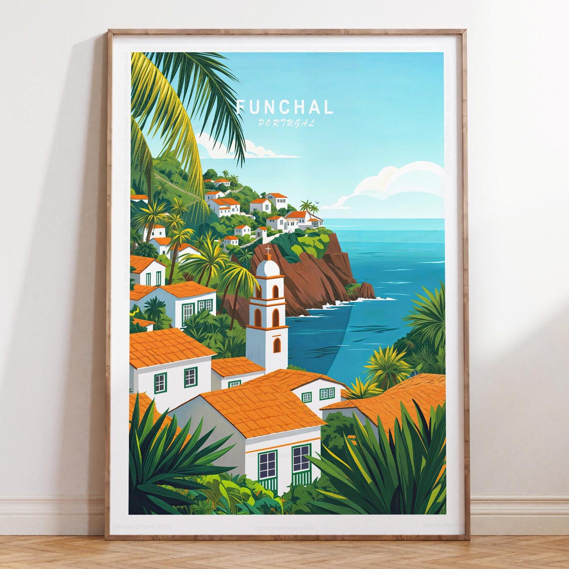 Funchal Portugal Coastal Cliff Town Ocean View Illustration Poster
