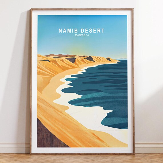 Namib Desert Namibia Travel Poster With Golden Dunes And Sea View