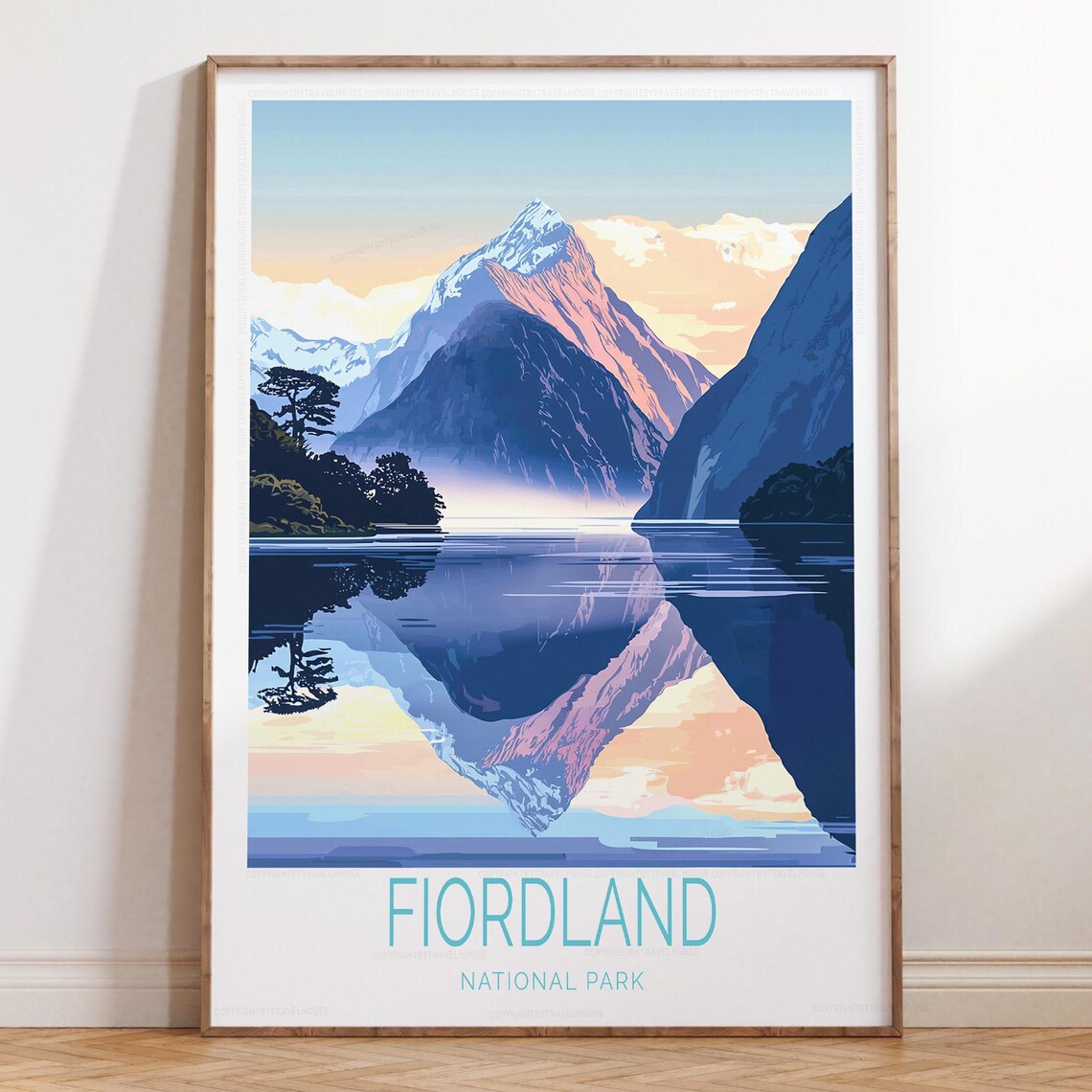 Fiordland National Park New Zealand Sunset Reflection Travel Poster