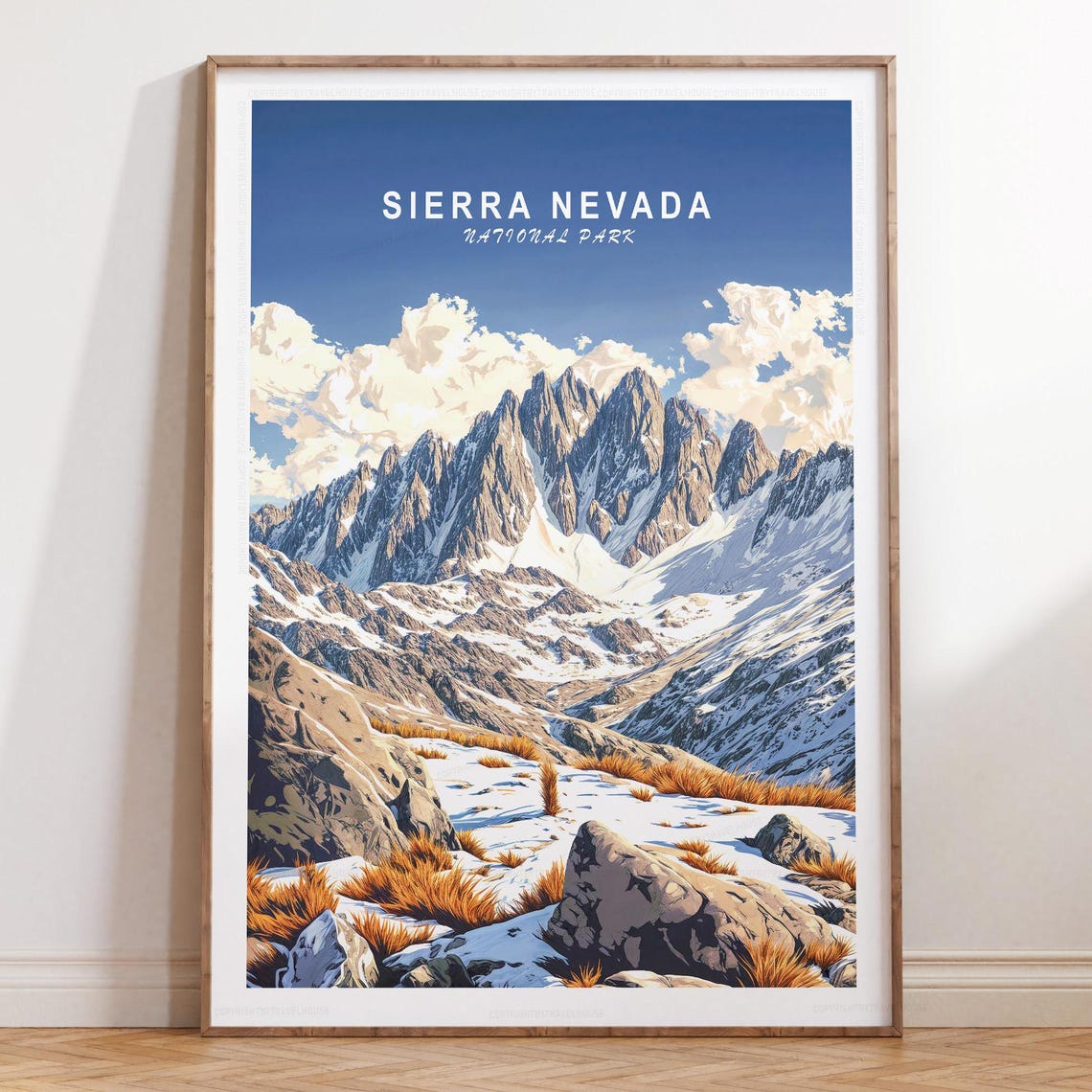 Sierra Nevada National Park Peaks Top Title Retro Travel Poster