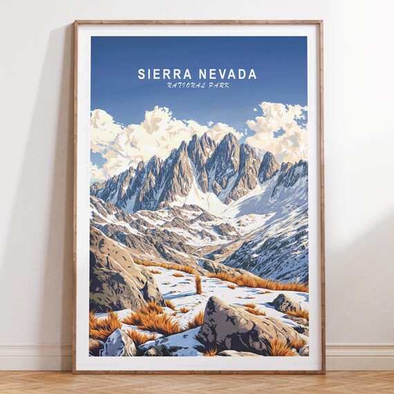 Sierra Nevada National Park Peaks Top Title Retro Travel Poster