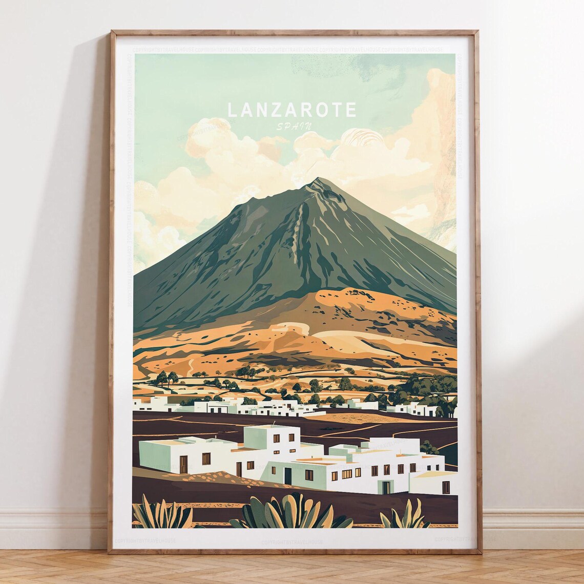 Lanzarote Spain Volcanic Peak White Washed Village Vista Poster