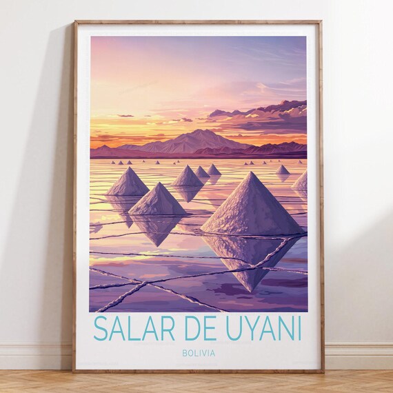 Salar De Uyuni Salt Pyramids Purple Sunset Bolivia Travel Poster