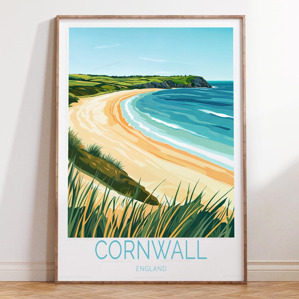 Cornwall England Sandy Beach Travel Poster Picturesque Coastal Cove