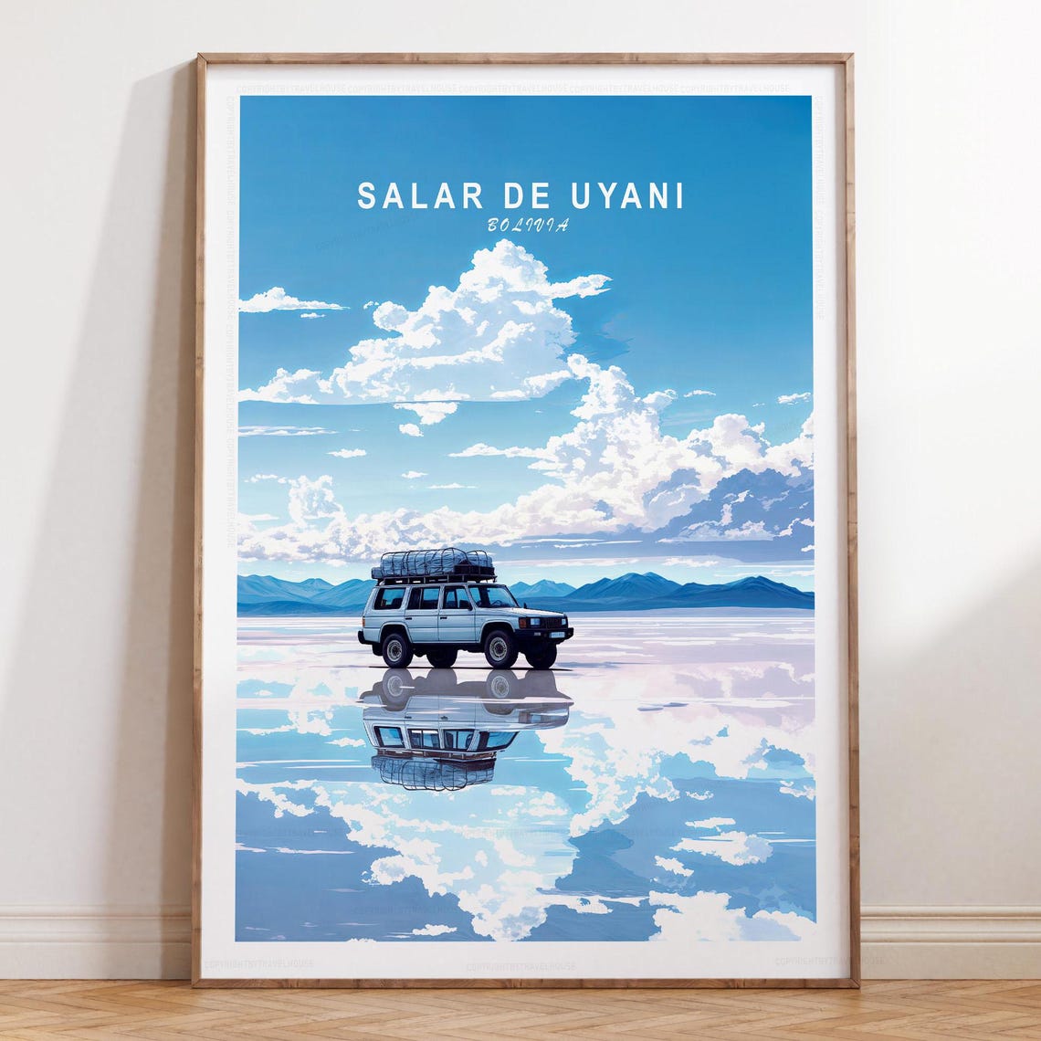 Salar De Uyuni SUV Mirror Reflection Blue Sky Bolivia Travel Poster