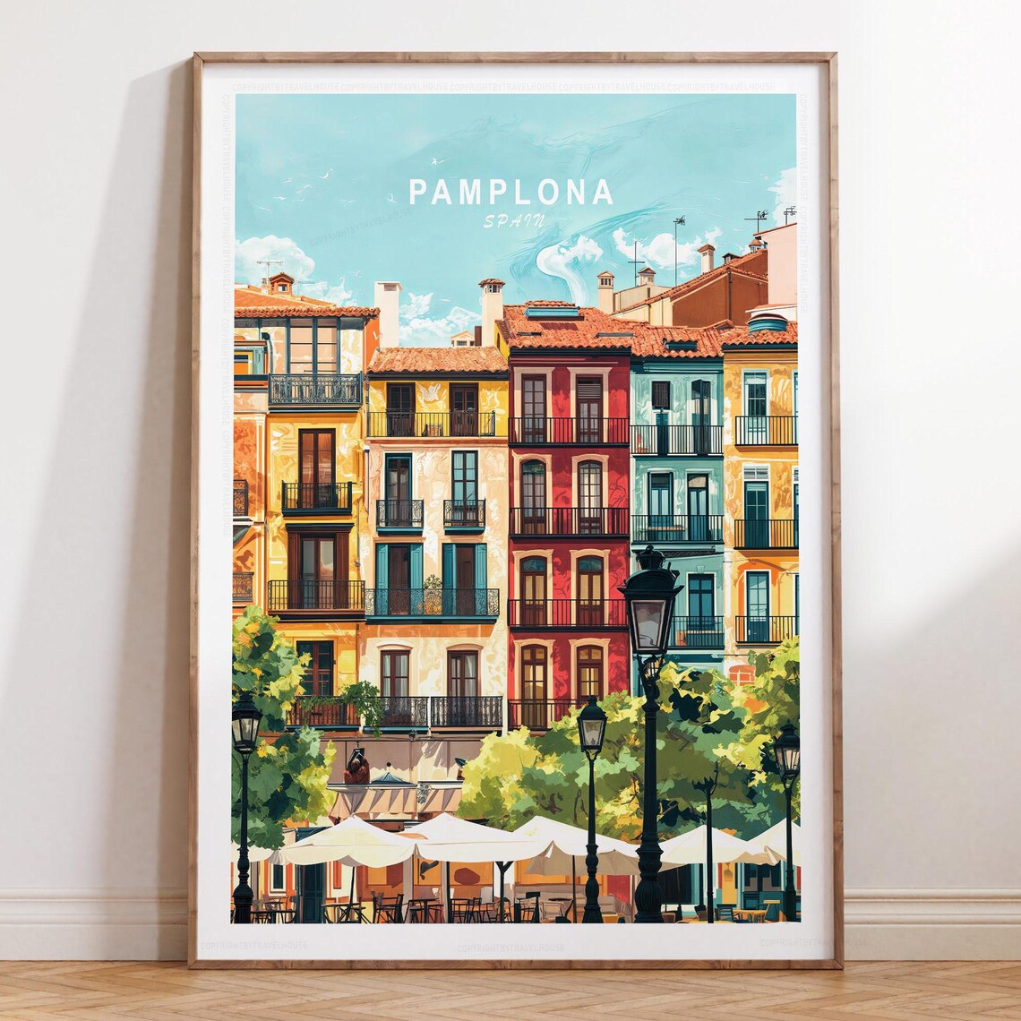 Pamplona Spain Old Town Square Travel Poster with Colorful Balconies