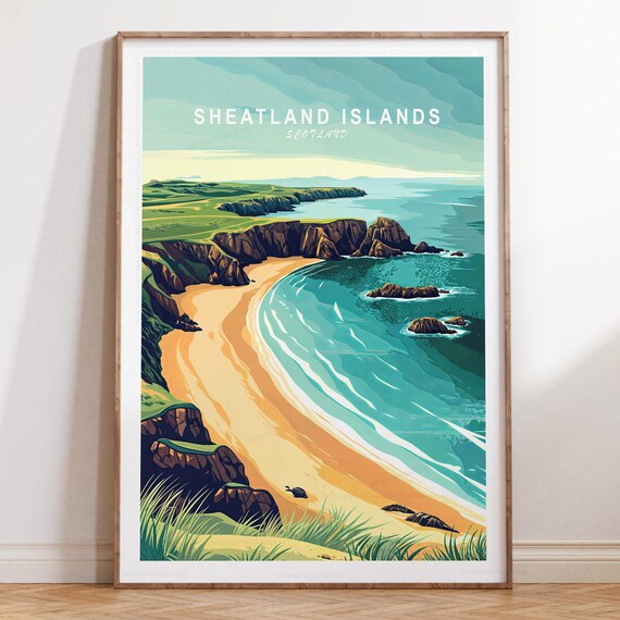 Shetland Islands Scotland Coastal Cliffs Retro Travel Poster