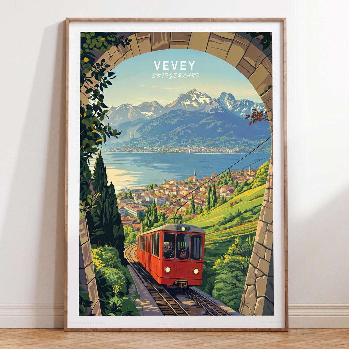Vevey Switzerland Red Funicular Lake Geneva Alps Retro Travel Poster