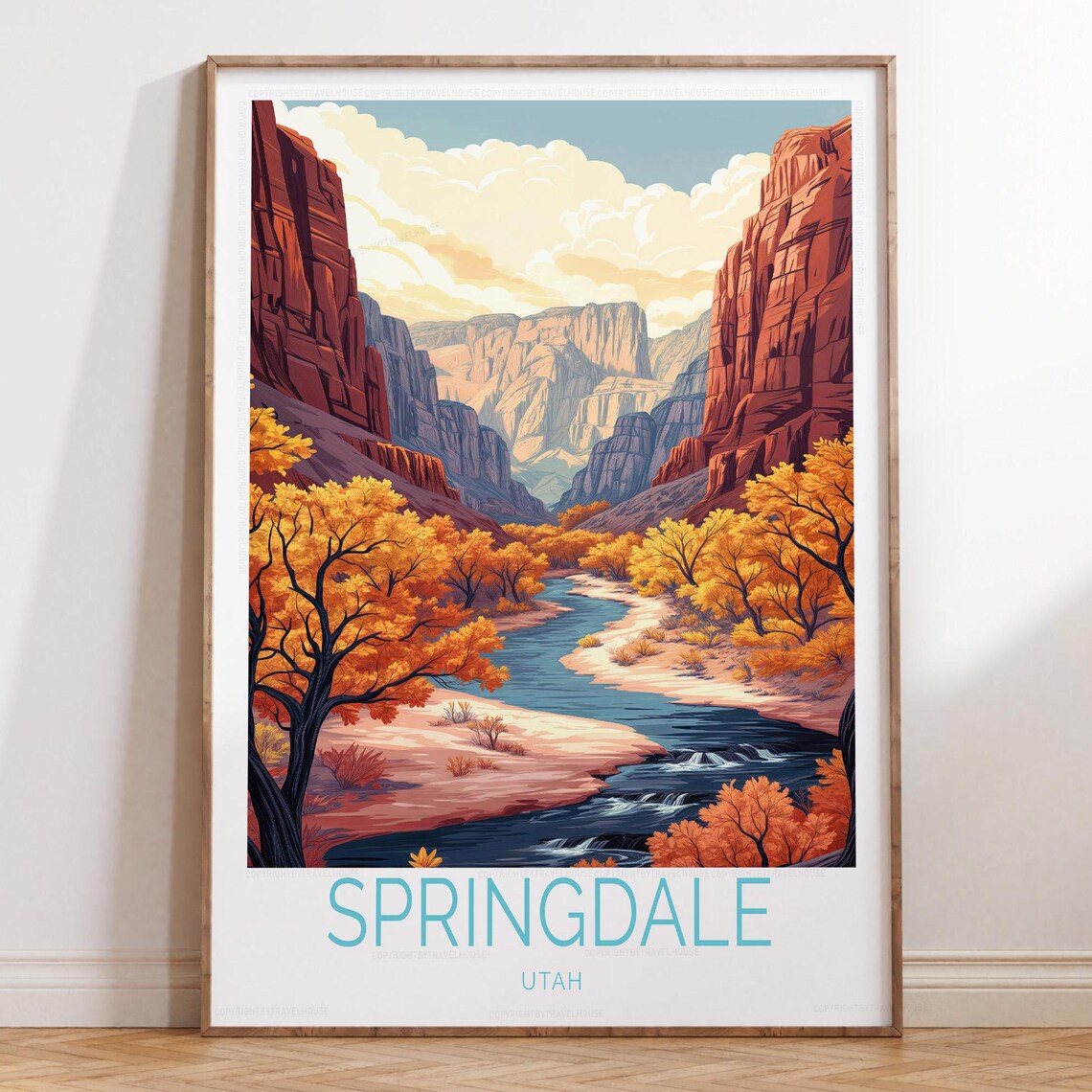 Springdale Utah Canyon River In Autumn Retro Travel Poster With Bottom Title