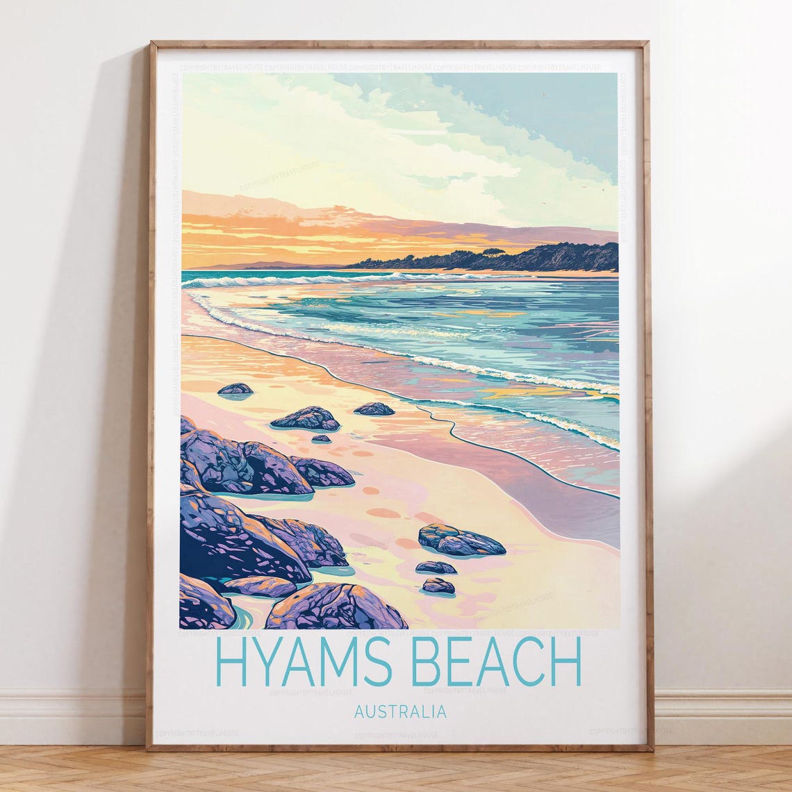 Hyams Beach Australia Sunset Over Rocks and Waves Travel Poster