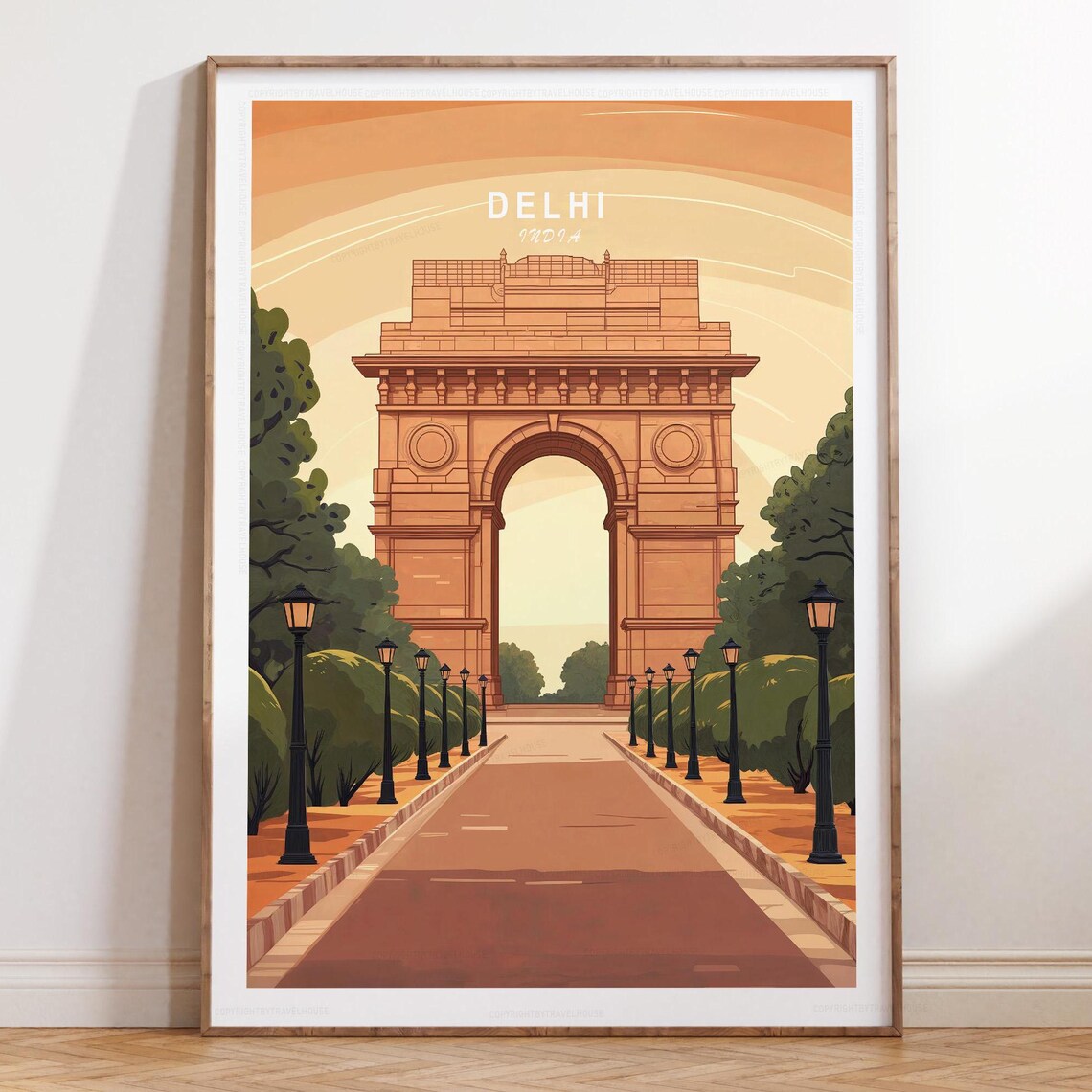 Delhi India Gate Front View Under a Golden Sky Travel Poster