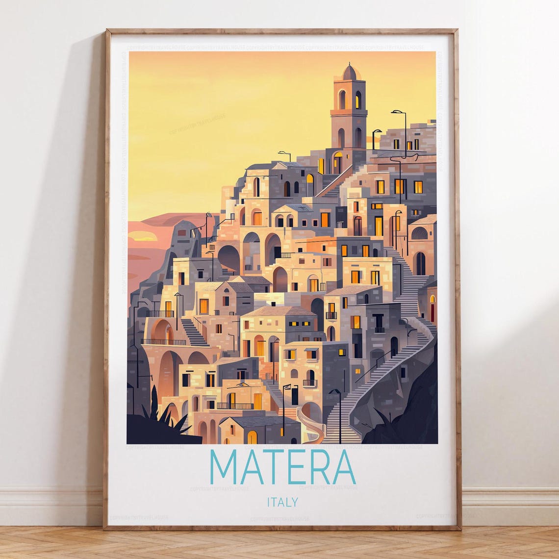Matera Italy Golden Sunset Ancient Stone Town Skyline Travel Poster