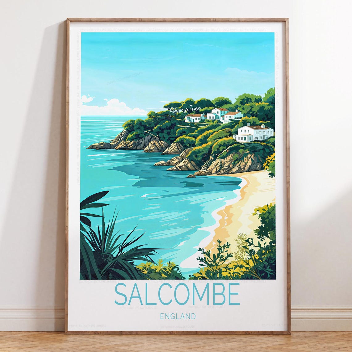 Salcombe England Turquoise Bay Whitewashed Village Travel Poster