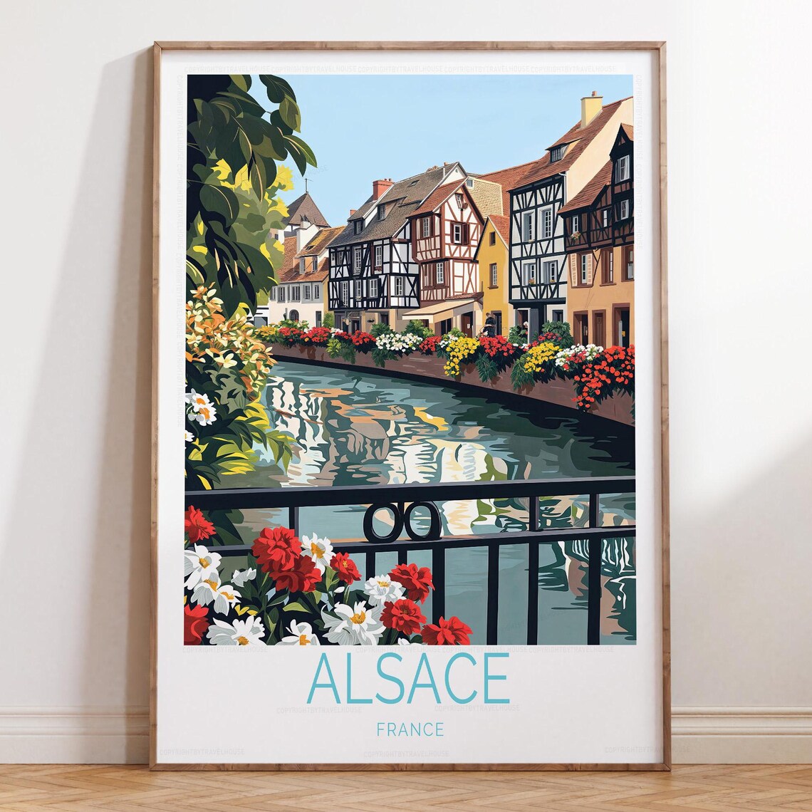 Alsace France Half-Timbered Houses Canal Floral Travel Poster