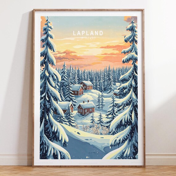 Lapland Finland Snowy Pines and Red Cabins Winter Travel Poster