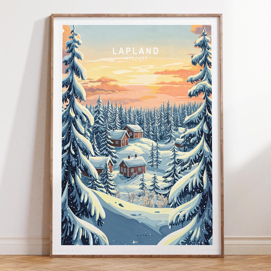 Lapland Finland Snowy Pines and Red Cabins Winter Travel Poster