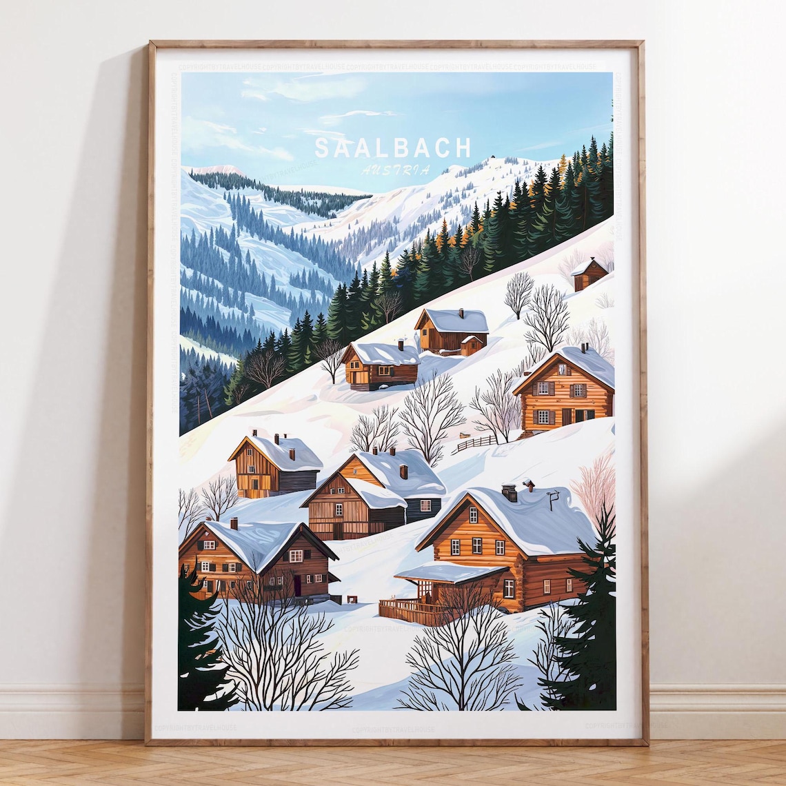 Saalbach Austria Snowy Winter Village Chalets Travel Poster Top Title