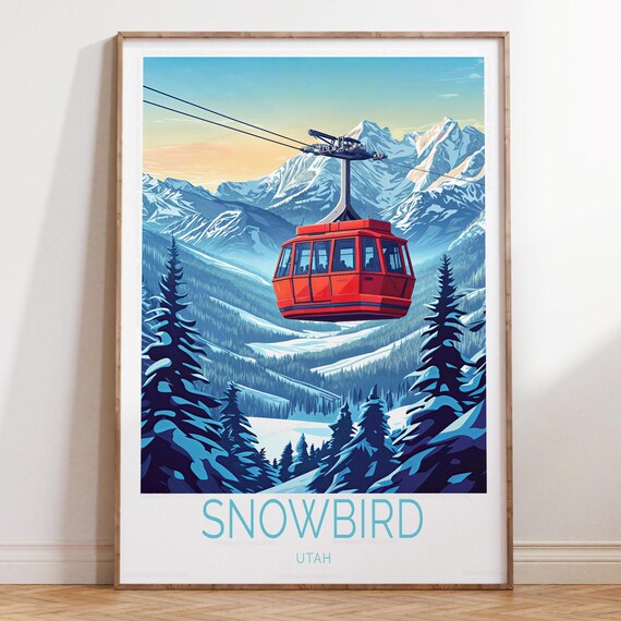 Snowbird Utah Red Aerial Tram Mountain Sunset Ski Travel Poster